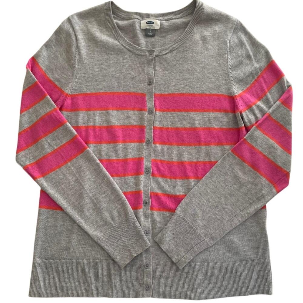 Old Navy Gray Pink Orange Stripe Crew Neck Button Front Cardigan Sweater Women L
